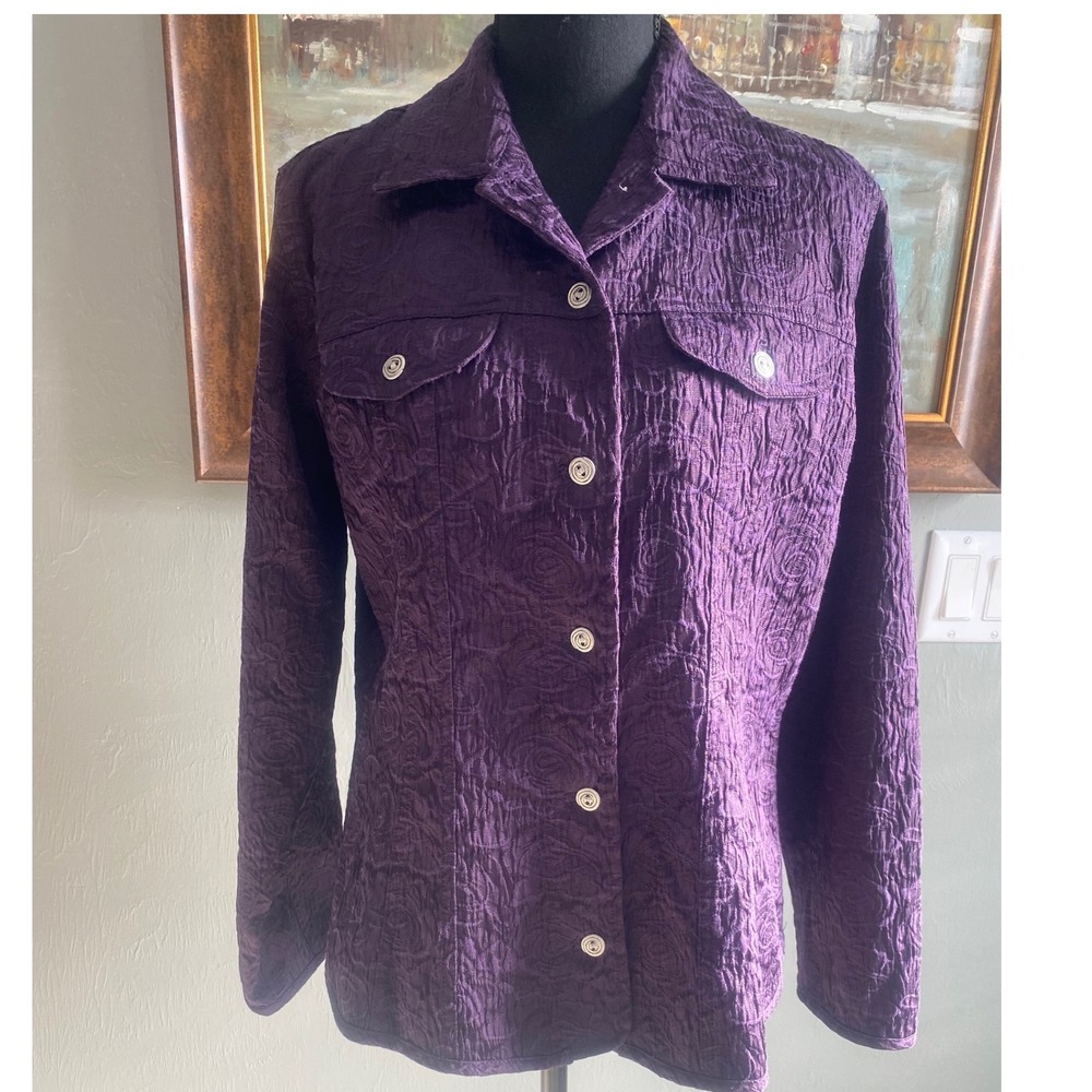 Chico's Purple Floral Jacquard Crinkle Button Down Shirt Jacket Size 1 M‎